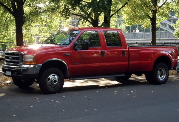 A red pickup truck